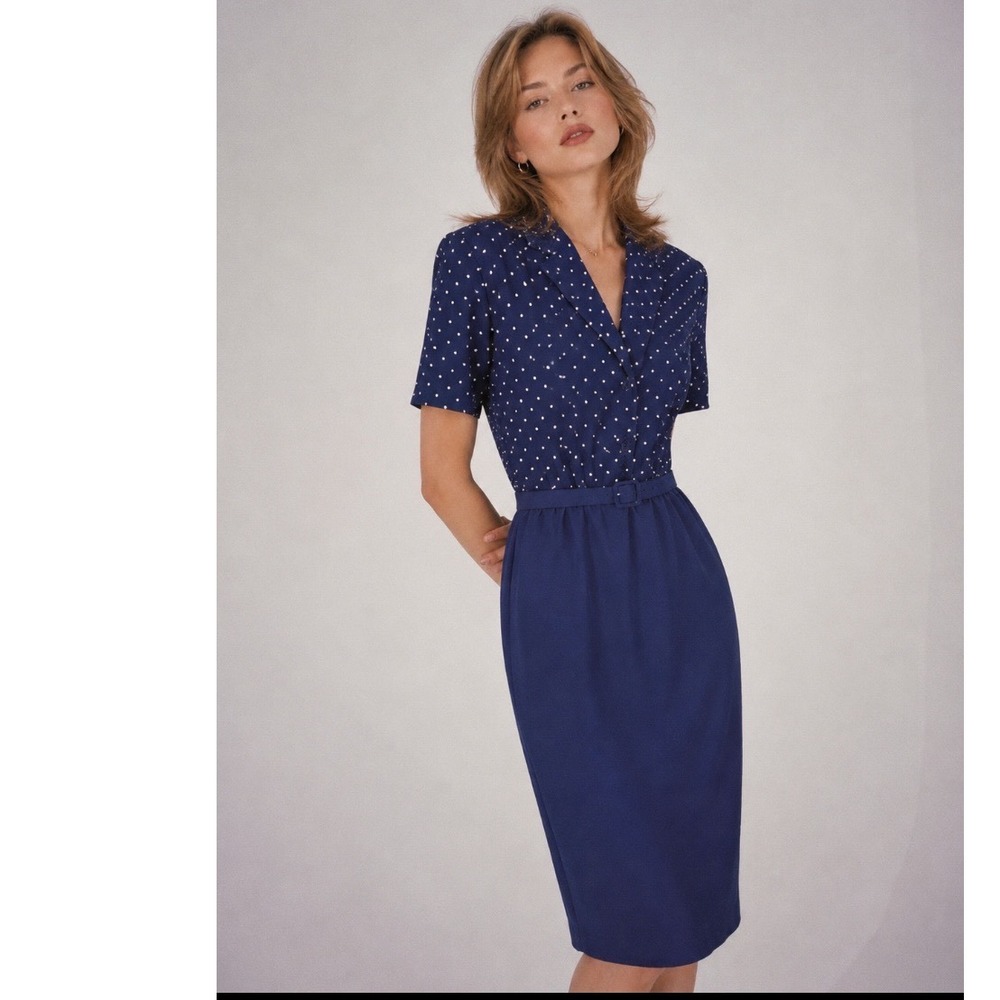 Vtg 80'd Navy Blue Polka Dot dress Short Sleeve Belted Mandarin Collar Retro